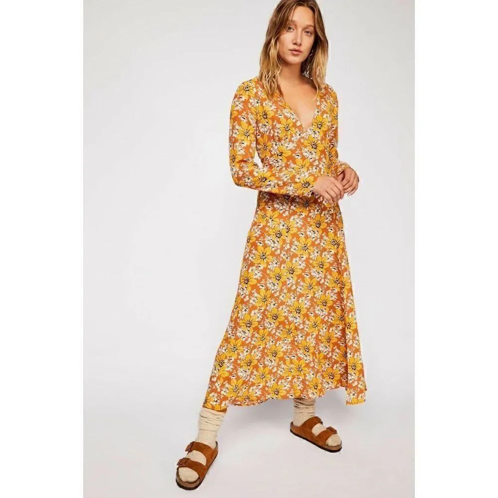 NEW FREE PEOPLE GATES TO THE GARDEN LONG SLEEVE FLORAL PRINTED MIDI DRESS